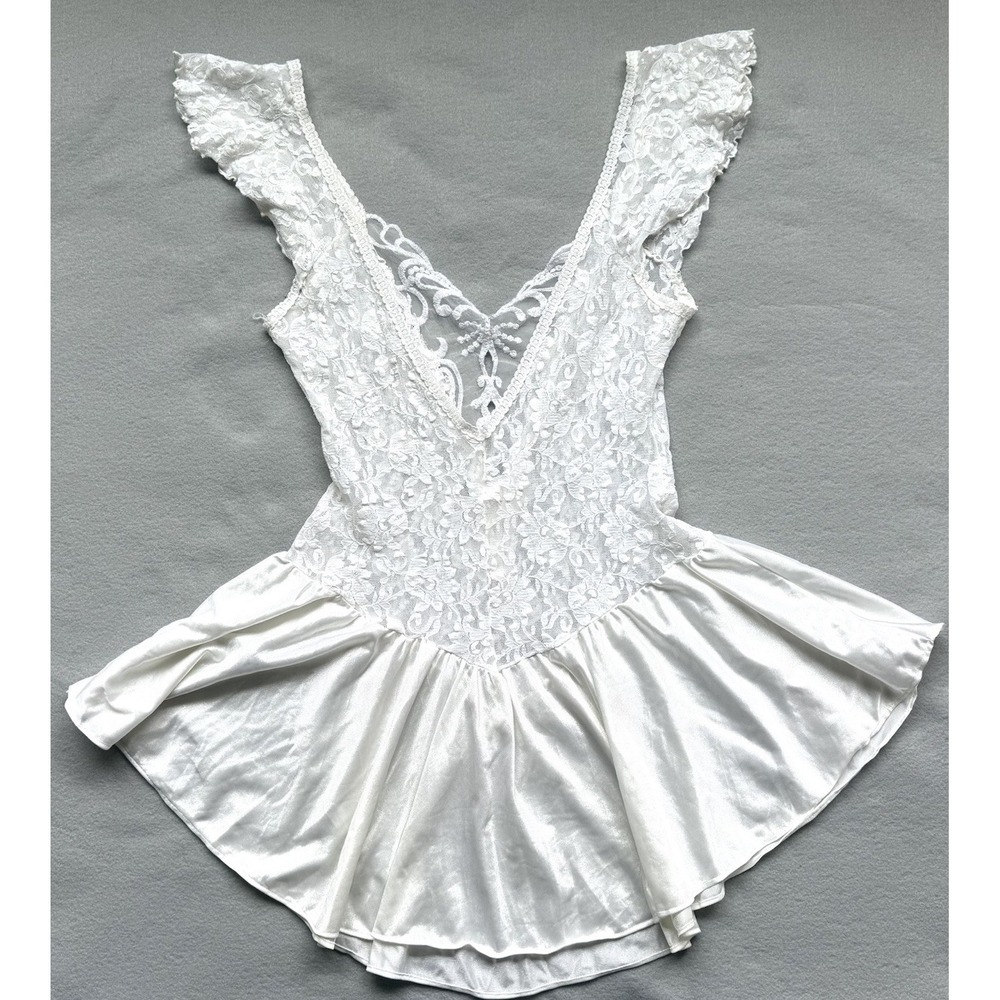VTG Lace Delicates Coquette White Lace Satin Ballerina Babydoll Slip Lingerie L - Picture 2 of 16